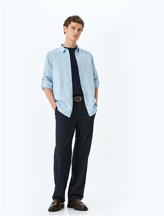 Koton 5Sam60020Hw 645 Mavı Erkek Pamuk Dokuma Uzun Kollu Gomlek