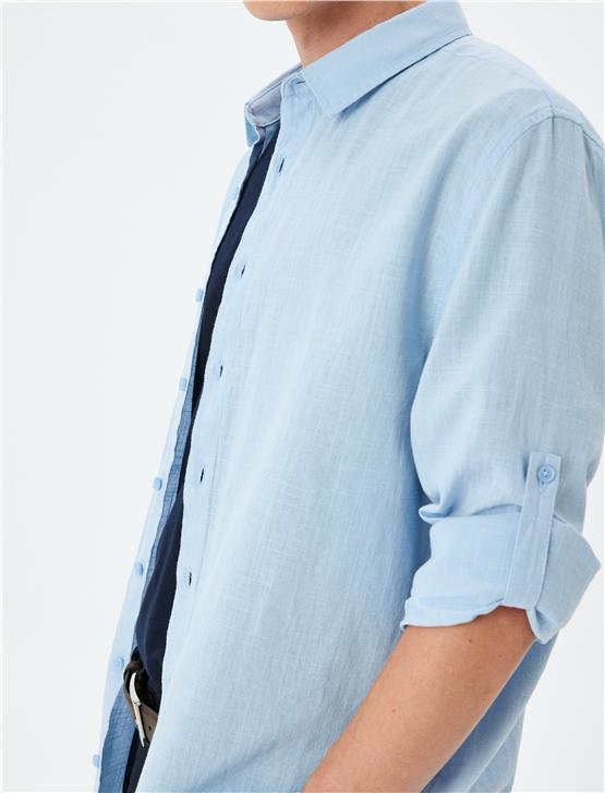 Koton 5Sam60020Hw 645 Mavı Erkek Pamuk Dokuma Uzun Kollu Gomlek