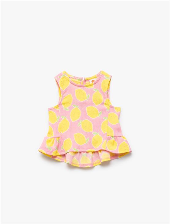 Koton 5Smg30008Ak 2D7 Pembe Desenlı Kız Bebe Elastan Jersey Kolsuz T-Shırt