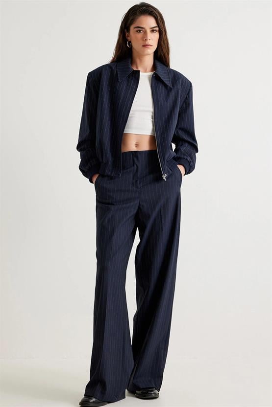 Koton 5Wak40013Pw 7S1 Lacivert Cızgılı Kadın Vıskoz Dokuma Pantolon