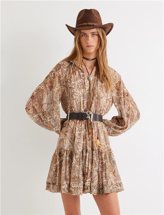 Koton 5Wak80008Ew 5D0 Kahverengi Desenli Kadın Dokuma Elbıse