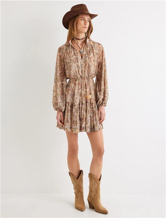 Koton 5Wak80008Ew 5D0 Kahverengi Desenli Kadın Dokuma Elbıse