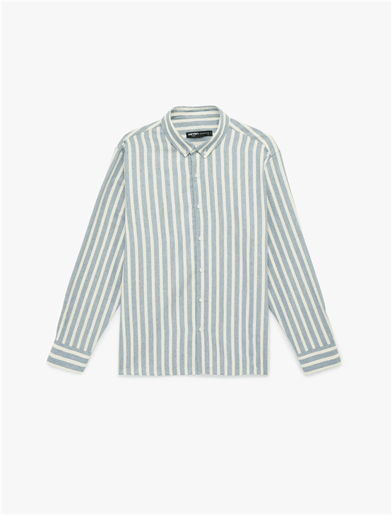 Koton 6Sam60003Hw 7S0 Lacıvert Cızgılı Erkek Dokuma Uzun Kollu Gomlek