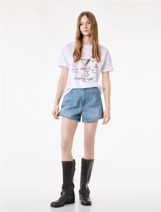 Koton Y26 6Sal10085Ik 010 Ekru Kadın Jersey Kısa Kol T-shirt