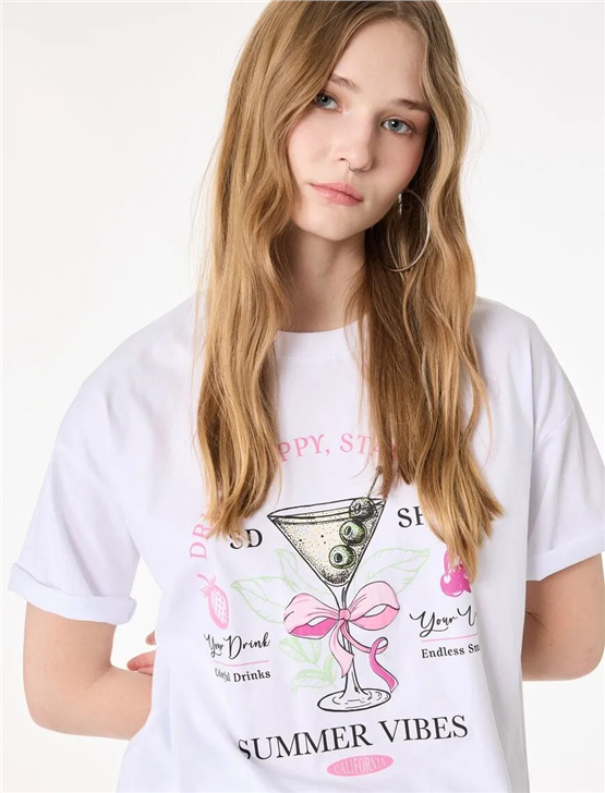 Koton Y26 6Sal10085Ik 010 Ekru Kadın Jersey Kısa Kol T-shirt