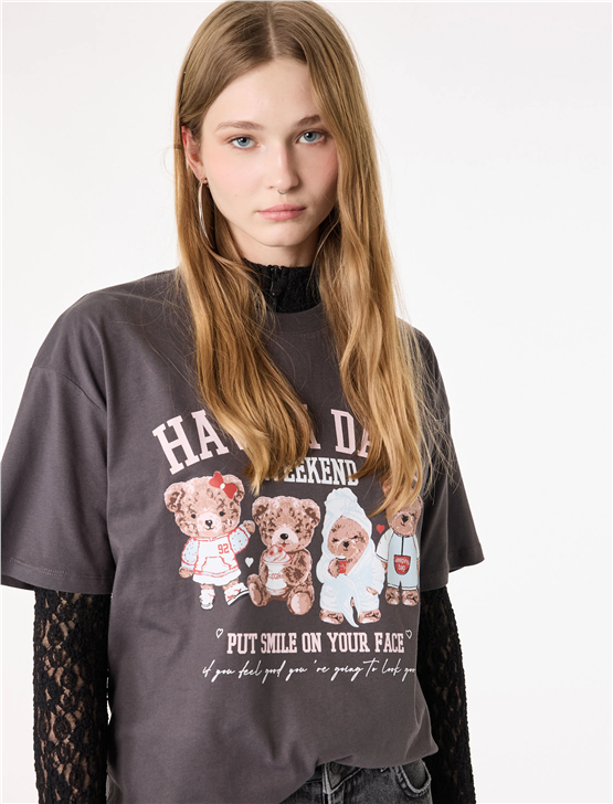 Koton Y26 6Sal10094Ik 926 Antrasıt Kadın Jersey Kısa Kol T-shirt