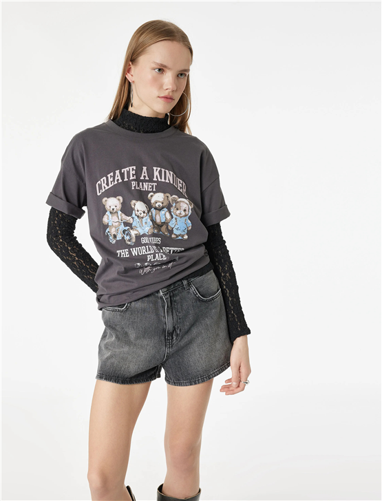 Koton Y26 6Sal10107Ik 927 Antrasıt Kadın Jersey Kısa Kol T-shirt