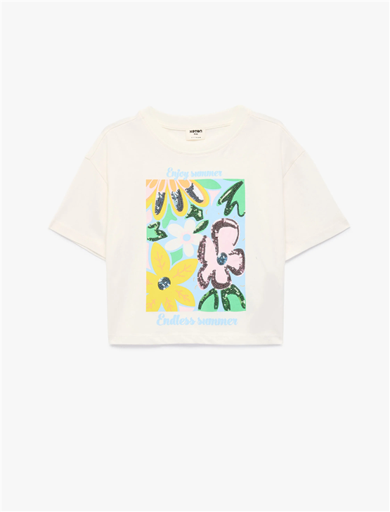 Koton Y26 6Skg10031Ak 010 Ekru Kız Çocuk Jersey Kısa Kol T-Shirt