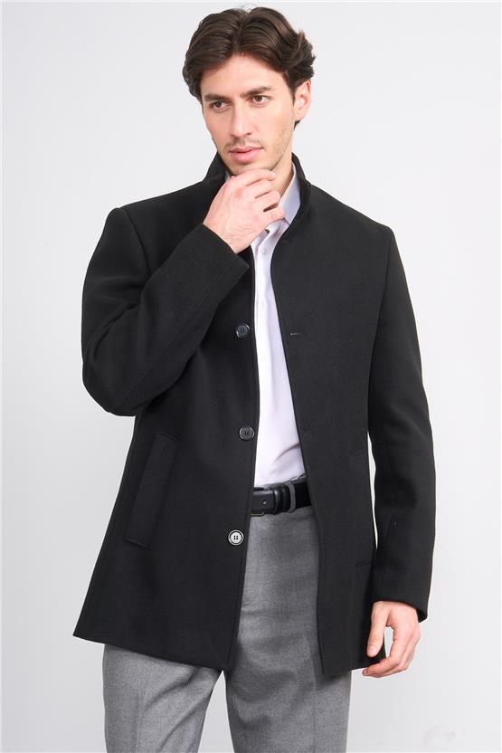 Kurpa 070 Siyah Erkek Kurpa Dik Yaka Kaşe Kaban
