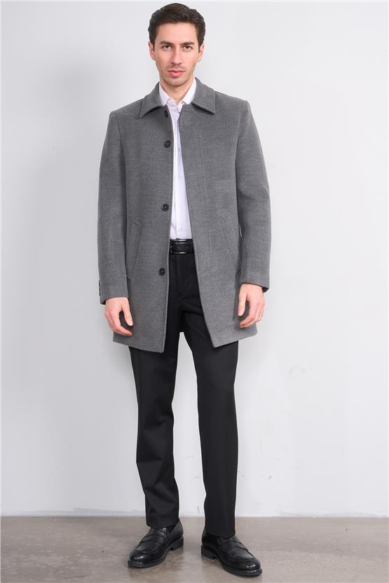 Kurpa 713 Açık Gri Erkek Yakalı Düğmeli Kaşe Kaban