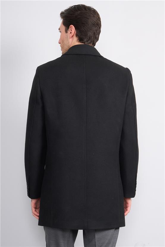 Kurpa 713 Siyah Erkek Yakalı Düğmeli Kaşe Kaban