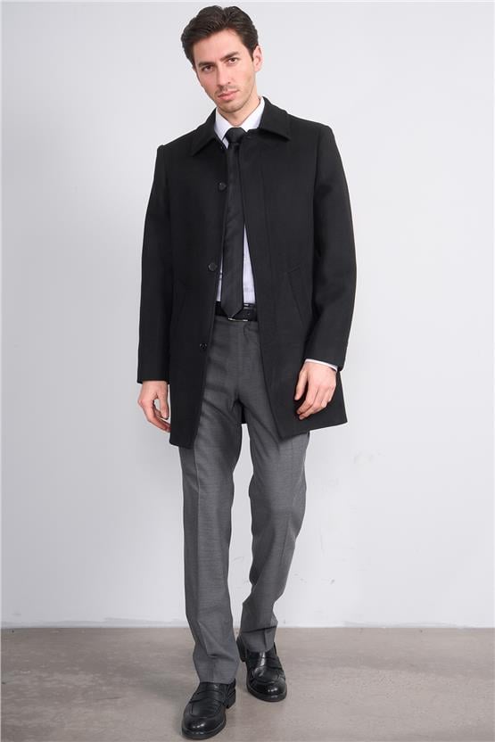 Kurpa 713 Siyah Erkek Yakalı Düğmeli Kaşe Kaban