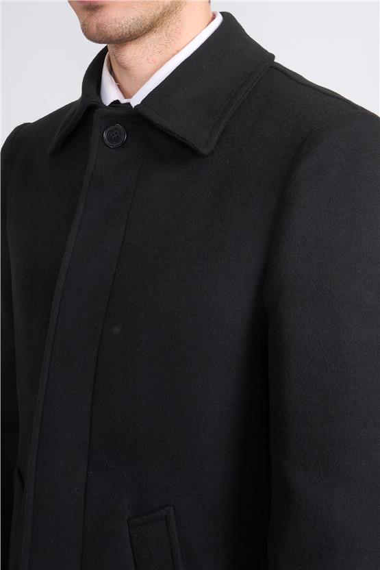 Kurpa 713 Siyah Erkek Yakalı Düğmeli Kaşe Kaban