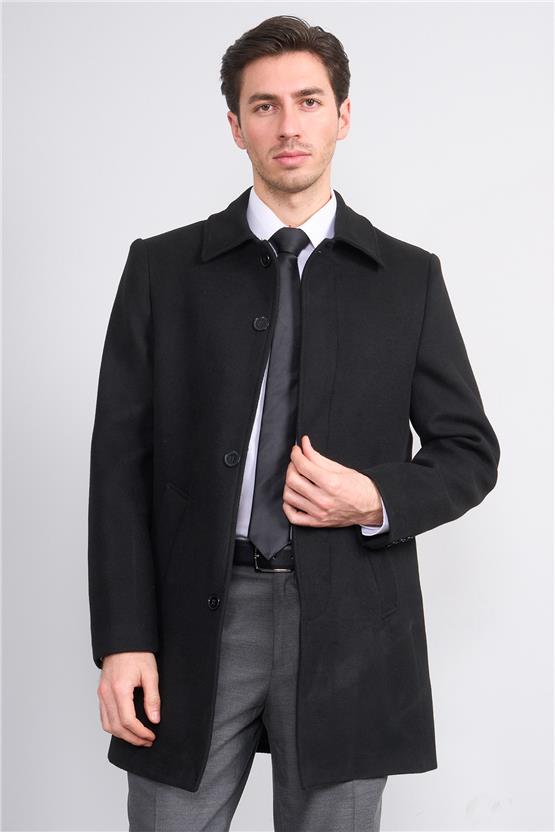 Kurpa 713 Siyah Erkek Yakalı Düğmeli Kaşe Kaban