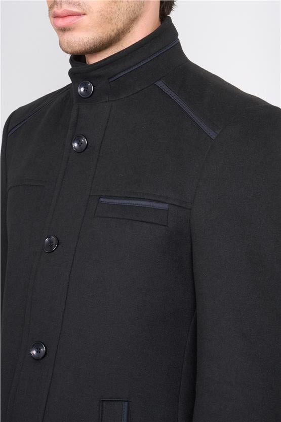 Kurpa 7851 Siyah Erkek Kurpa Dik Yaka Düğmeli Gömlek Cep Kaşe Kaban