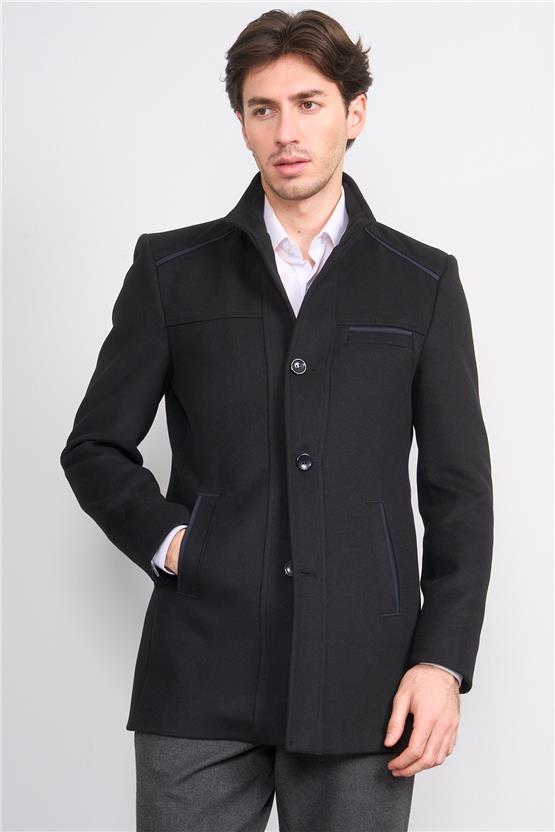 Kurpa 7851 Siyah Erkek Kurpa Dik Yaka Düğmeli Gömlek Cep Kaşe Kaban