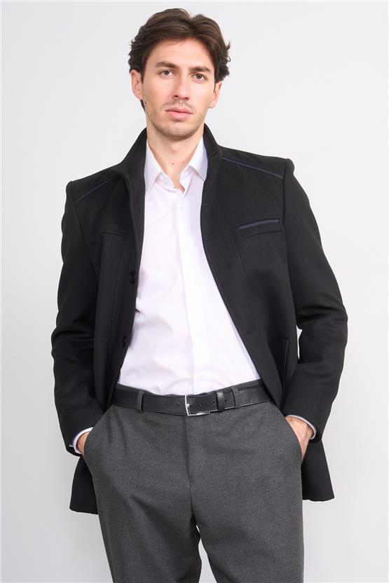 Kurpa 7851 Siyah Erkek Kurpa Dik Yaka Düğmeli Gömlek Cep Kaşe Kaban