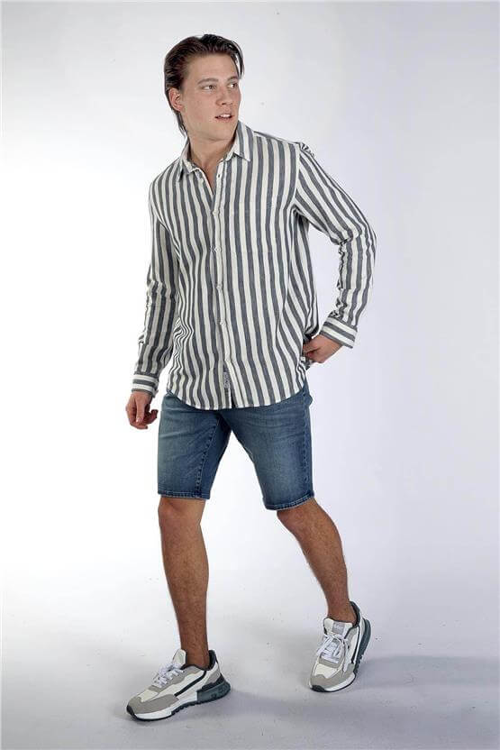 Lee Cooper 242 Lcm 241008 1319 Ekru-Lacivert Cızjo Erkek U.Kol Dokuma Gömlek