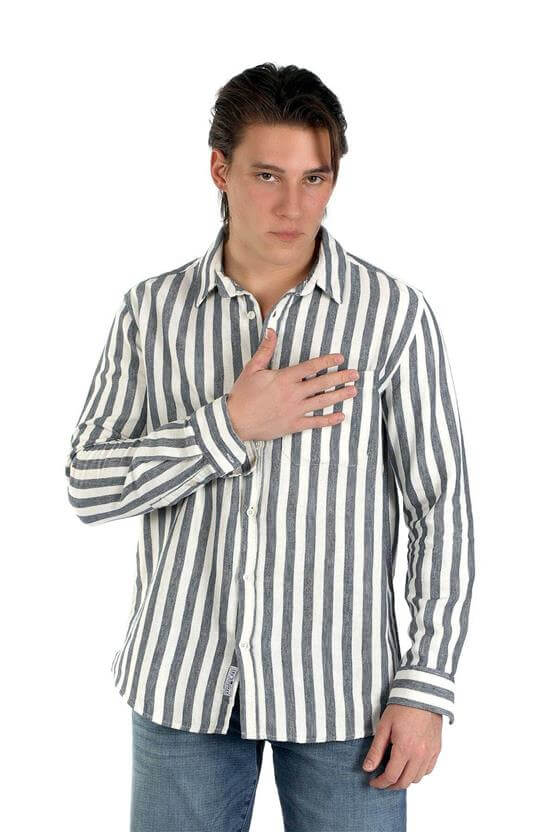 Lee Cooper 242 Lcm 241008 1319 Ekru-Lacivert Cızjo Erkek U.Kol Dokuma Gömlek