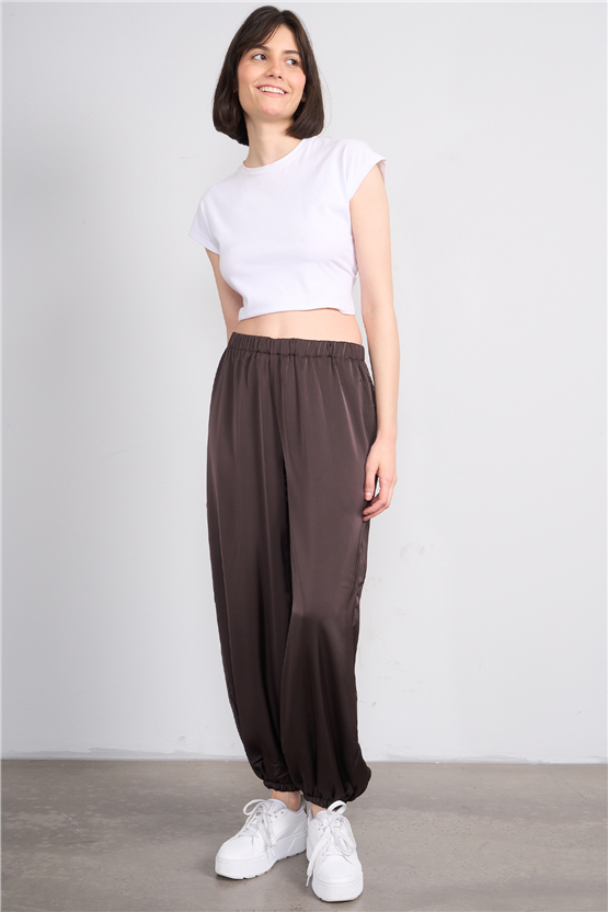 Lefon 031634 Kahve Saten Paçası Lastikli Pantolon 36-42