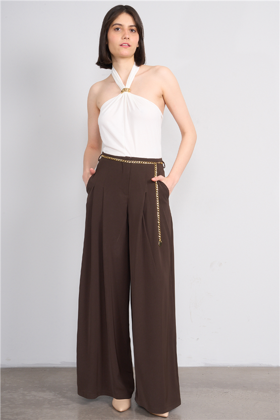 Lefon 031641 Kahve Pervazlı Çift Pile Pantolon 36-42