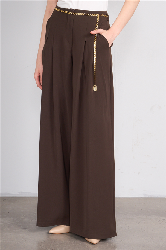 Lefon 031641 Kahve Pervazlı Çift Pile Pantolon 36-42