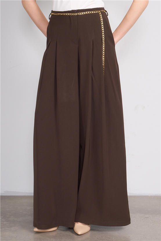 Lefon 031641 Kahve Pervazlı Çift Pile Pantolon 36-42