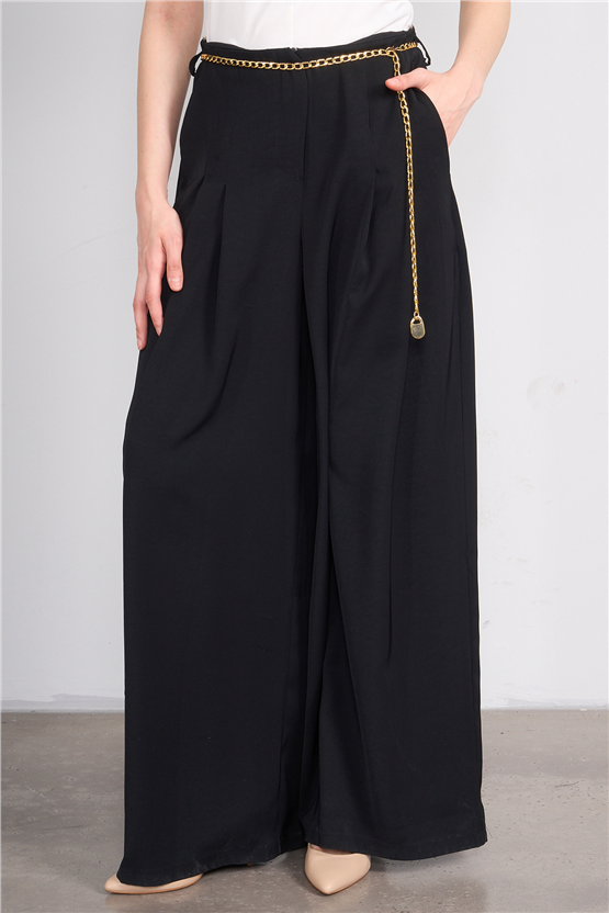 Lefon 031641 Siyah Pervazlı Çift Pile Pantolon 36-42