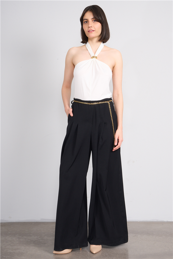 Lefon 031641 Siyah Pervazlı Çift Pile Pantolon 36-42