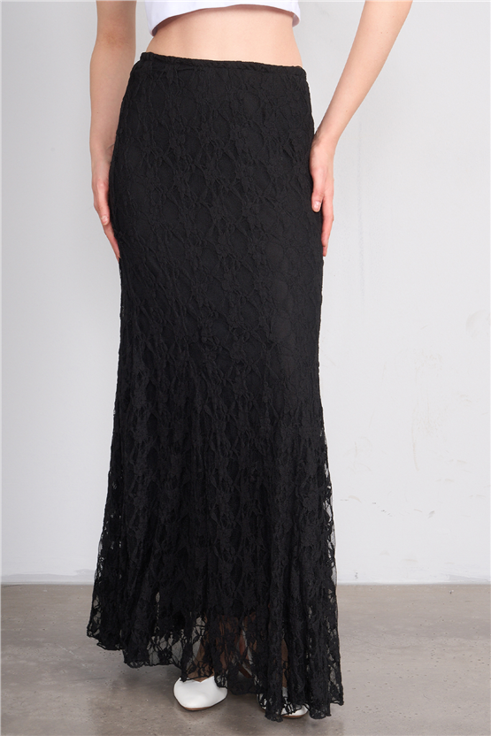Lefon 041176 Siyah Uzun Volanlı Dantel Etek 36-40