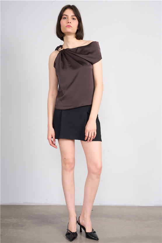 Lefon 071821 Kahve Omzu Tokalı Asimetrik Yakalı Bluz 36-42