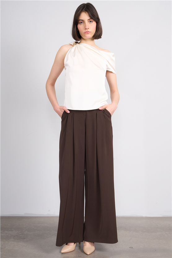 Lefon 071821 Krem Omzu Tokalı Asimetrik Yakalı Bluz 36-42