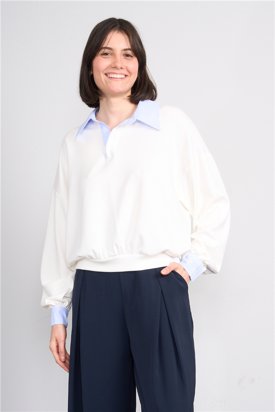 Lefon 071870 Ekru Gömlek Yaka Sweatshirt 36-40