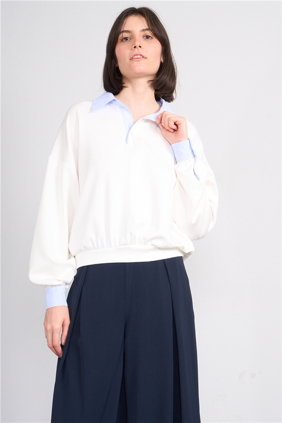 Lefon 071870 Ekru Gömlek Yaka Sweatshirt 36-40