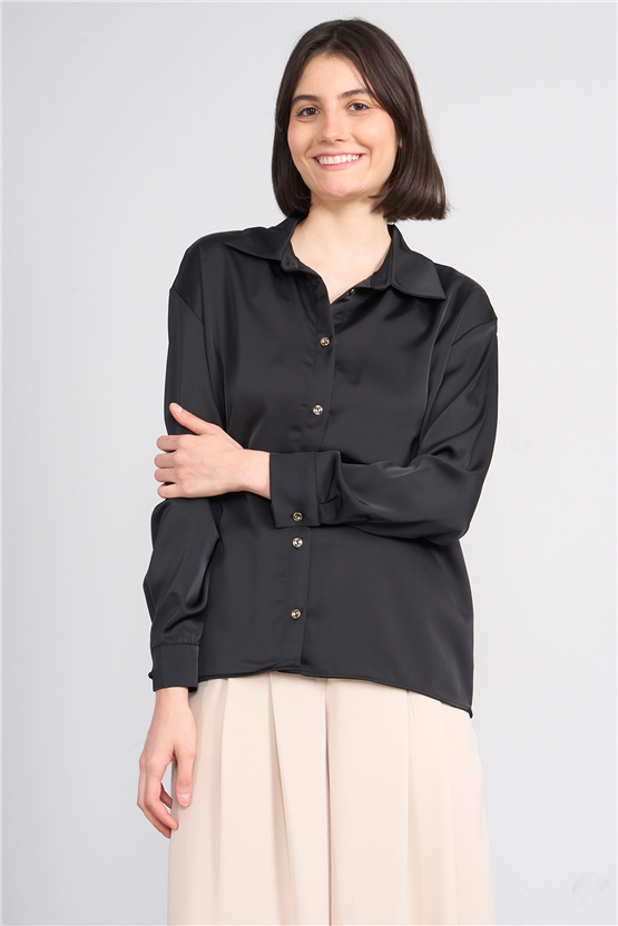 Lefon 080771 Siyah Basic Saten Gömlek 36-42