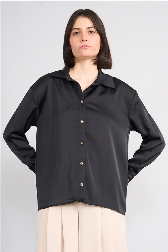 Lefon 080771 Siyah Basic Saten Gömlek 36-42