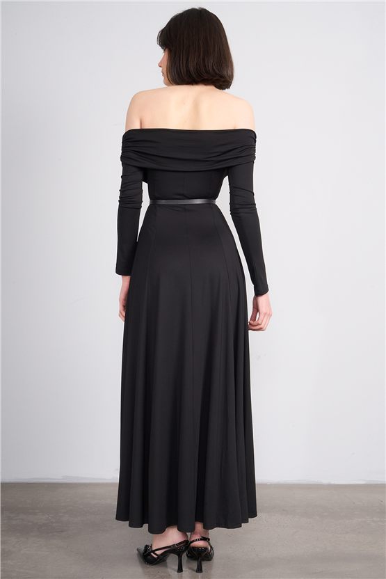 Lefon 111690 Siyah Düşük Omuzlu Drapeli Elbise 36-42