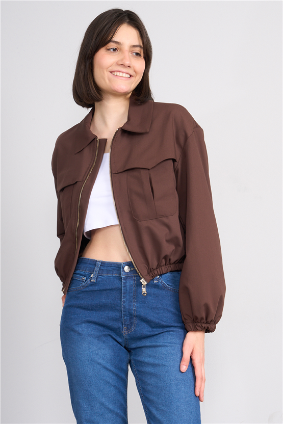 Lefon 160896 Kahve Önü Fermuarlı Bomber Ceket 36-42