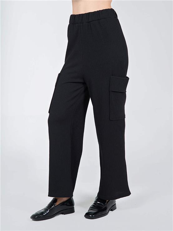 Lefon 220303 E1096 Siyah Kadın Kargo Cepli Örme Pantolonlu Takım