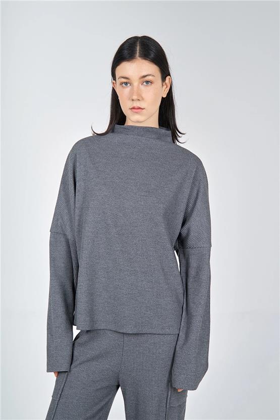 Lefon 220303 E1184 Antrasit Kadın Kargo Cepli Örme Pantolonlu Takım