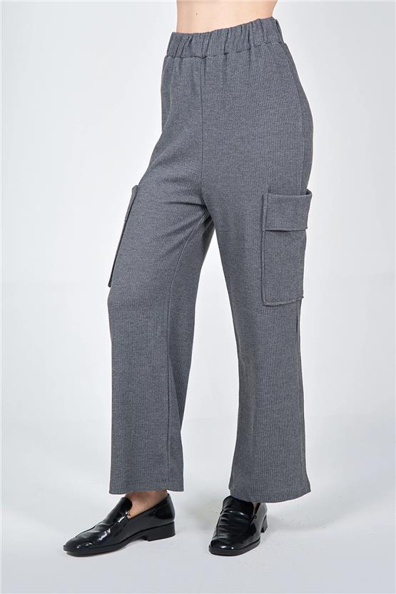 Lefon 220303 E1184 Antrasit Kadın Kargo Cepli Örme Pantolonlu Takım
