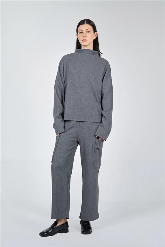 Lefon 220303 E1184 Antrasit Kadın Kargo Cepli Örme Pantolonlu Takım