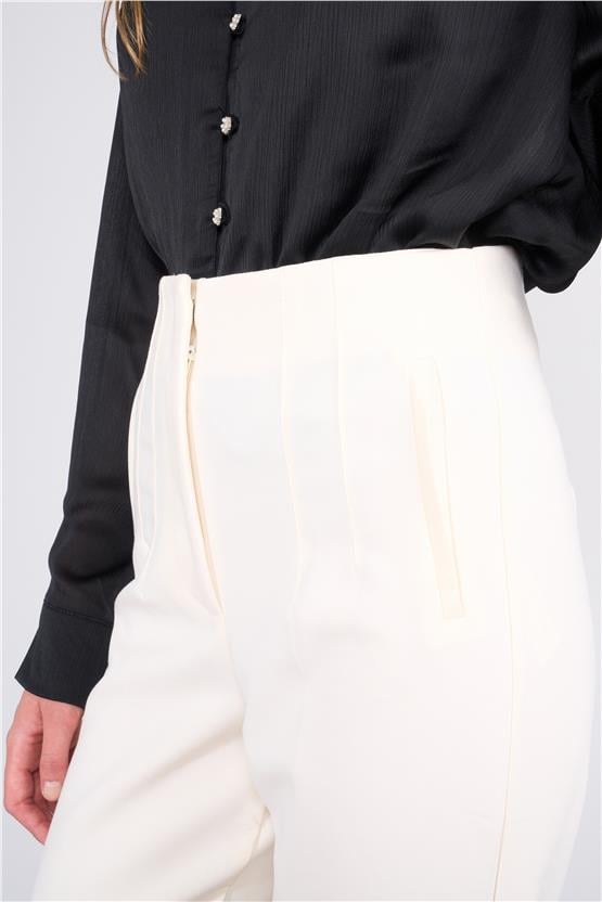 Lefon Y25 031041 Krem Kadın Yuksek Bel Nervur Dıkıslı Pantolon