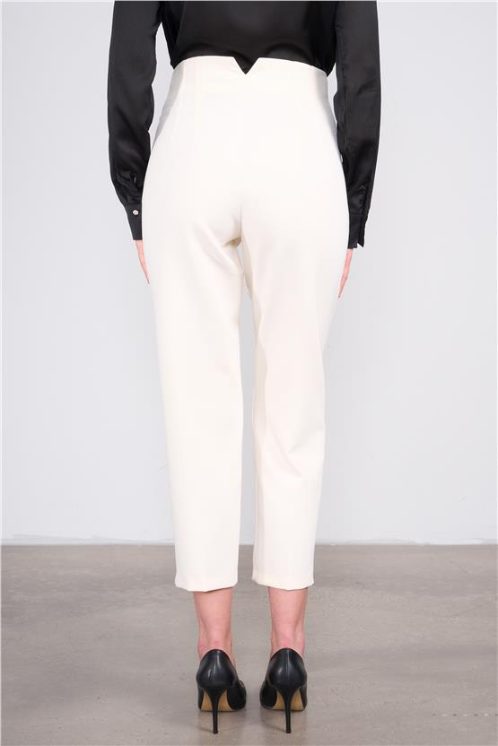 Lefon Y25 031041 Krem Kadın Yuksek Bel Nervur Dıkıslı Pantolon