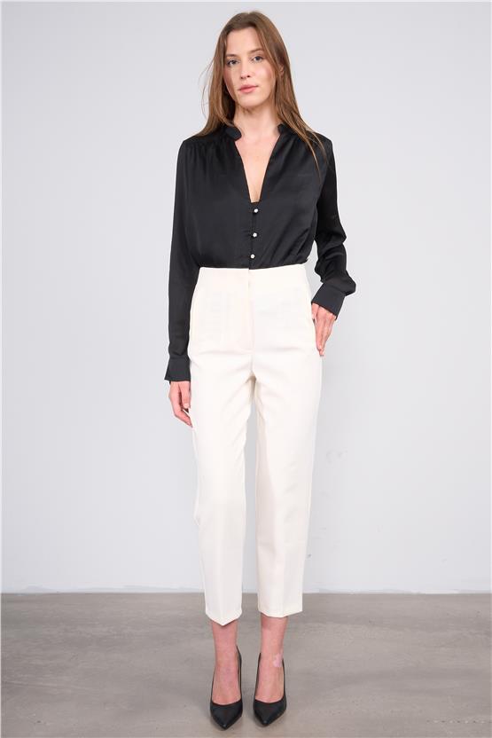 Lefon Y25 031041 Krem Kadın Yuksek Bel Nervur Dıkıslı Pantolon