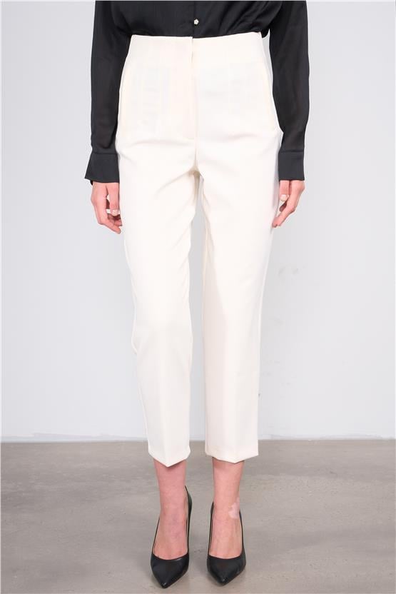 Lefon Y25 031041 Krem Kadın Yuksek Bel Nervur Dıkıslı Pantolon