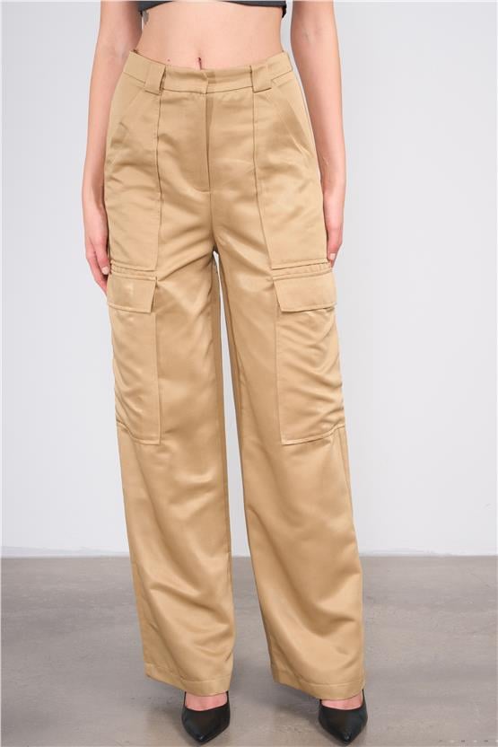 Lefon Y25 031270 Bej Kadın Bol Paca Kargo Ceplı Pantolon