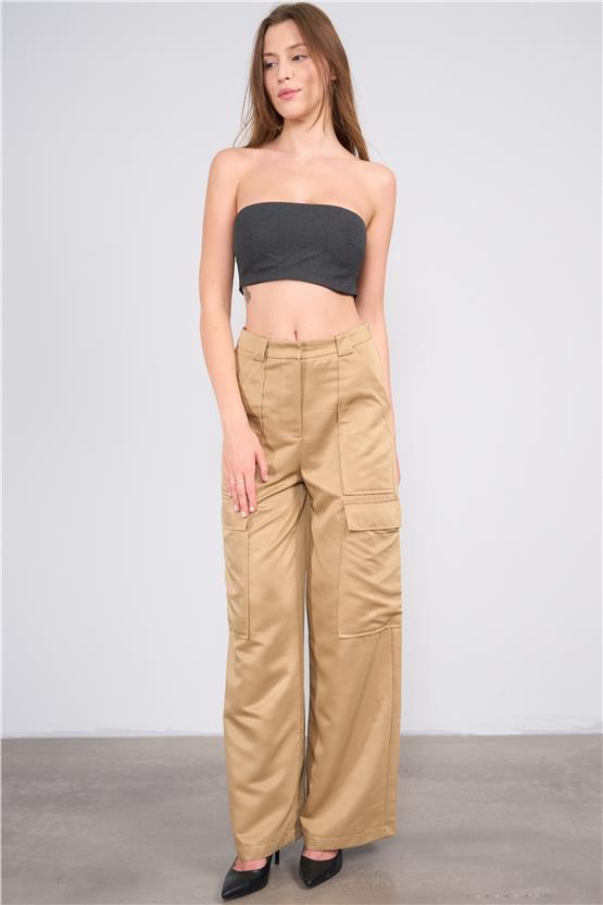 Lefon Y25 031270 Bej Kadın Bol Paca Kargo Ceplı Pantolon