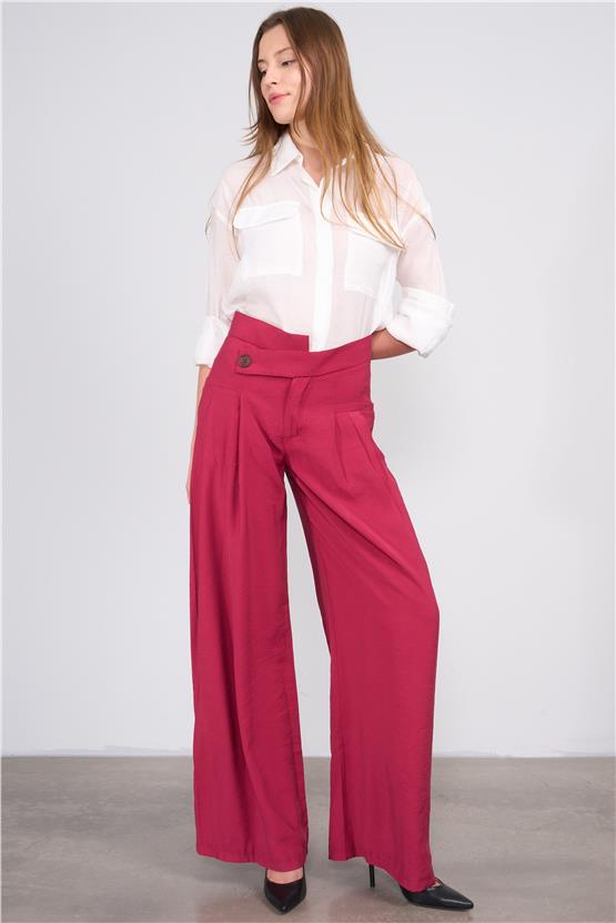 Lefon Y25 031426 Bordo Kadın Carpraz Kemerlı Pantolon