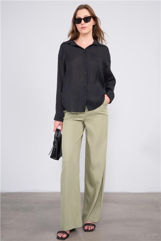 Lefon Y25 031443 Acık Hakı Kadın Yandan Ceplı Duz Paca Pantolon